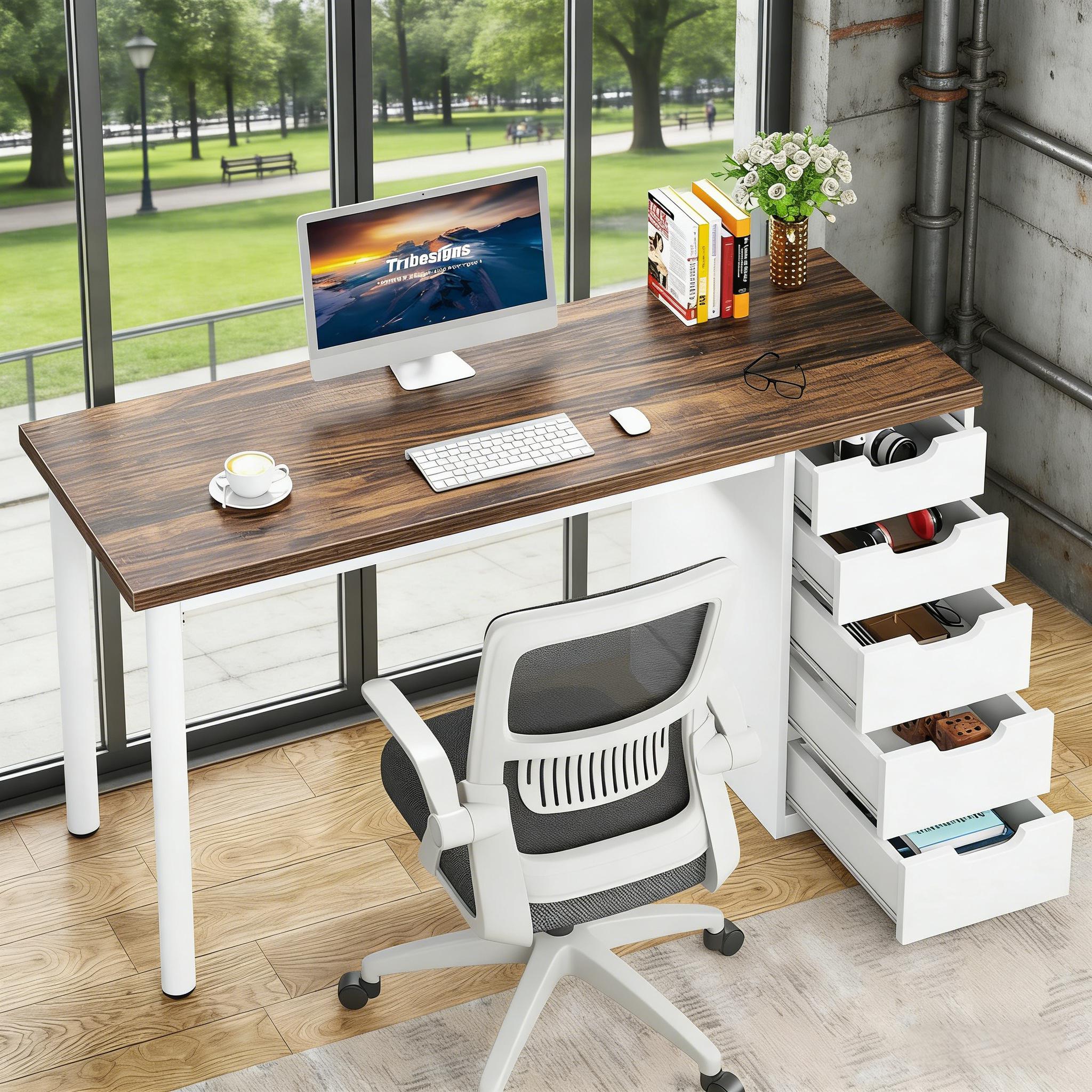 Computer Desk With 5 Drawers, Modern Study Table Writing Desk_voghion.com